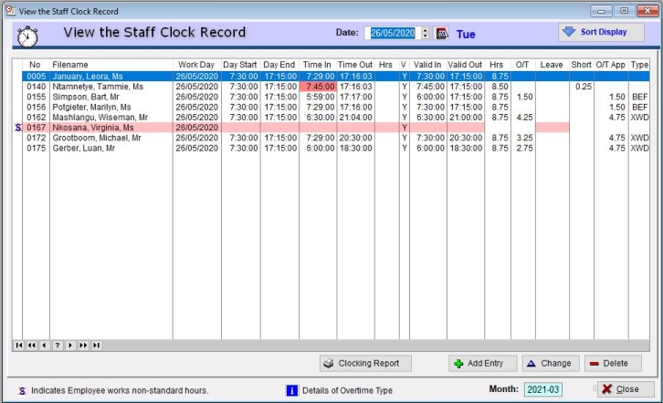 ioClock staff record page Innovative Option software